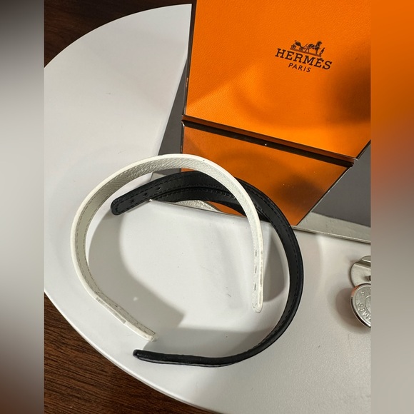 Hermes interchangeable looping wrap bracelet with 2 leather wraps black & white - Picture 12 of 14